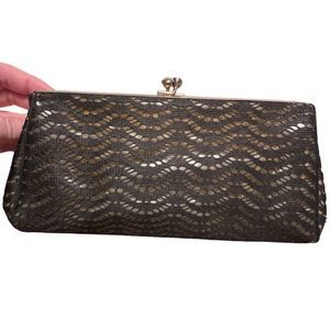 Vintage 50s 60s Lace Covered Vinyl Clasp Closure Hinged Clutch Black Gold